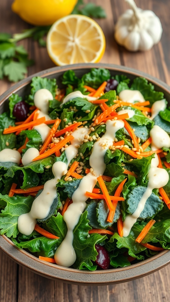 A colorful kale salad with tahini dressing, sesame seeds, and carrots in a rustic bowl.